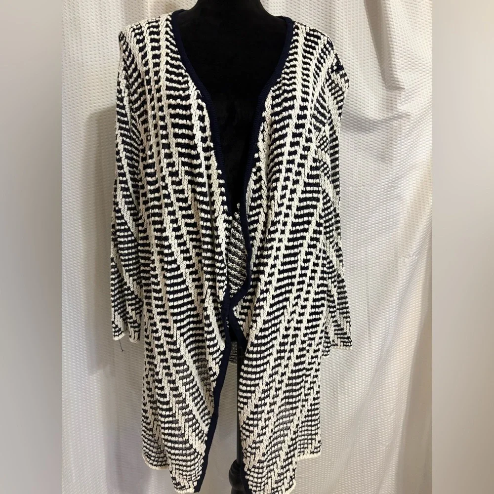 CJ Banks boho black white 3/4 sleeve cotton blend open front draped cardigan NWT